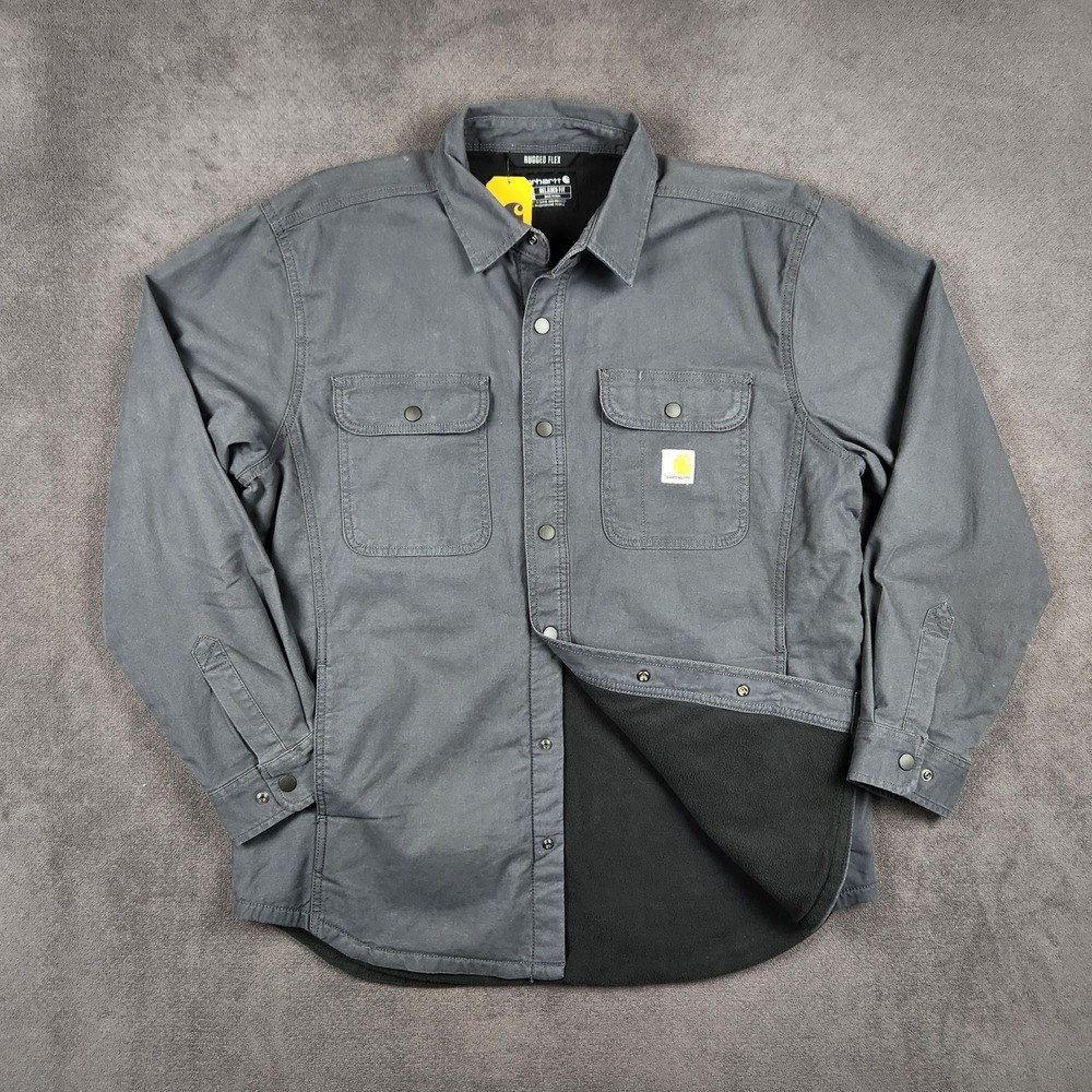 Carhartt Shirt Jacket Men Large Gray Rugged Flex Relaxed Canvas Fleece Lined NEW